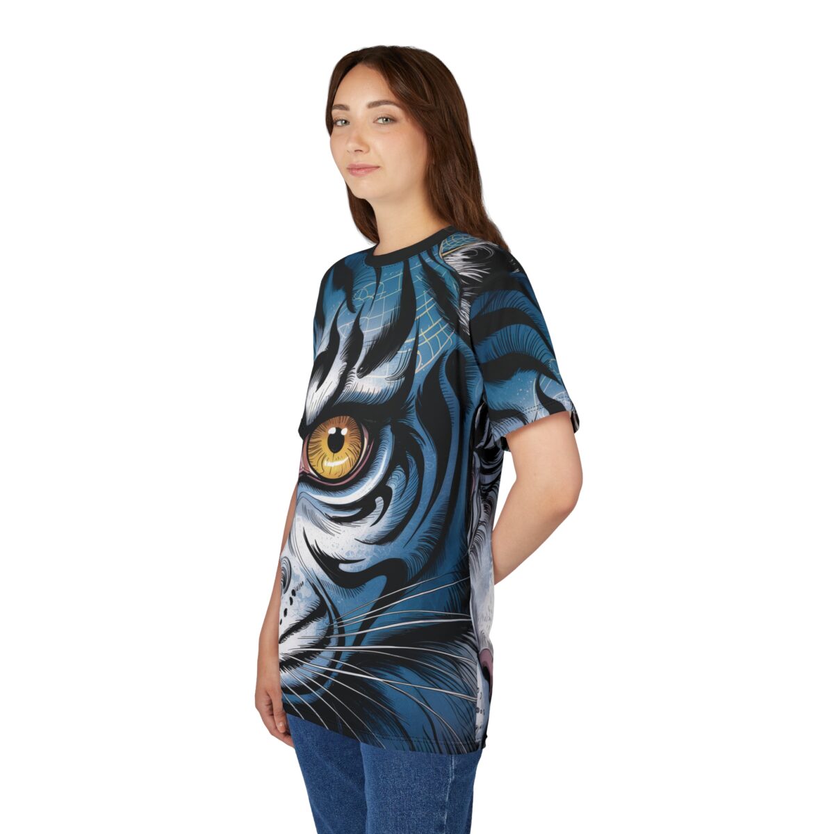 All over print sublimation tee featuring a striking blue tiger face graphic with intense yellow eye and intricate details.