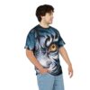 Blue tiger face all over print sublimation tee with intense yellow eye graphic. Features streetwear aesthetic and seamless wrap around design.