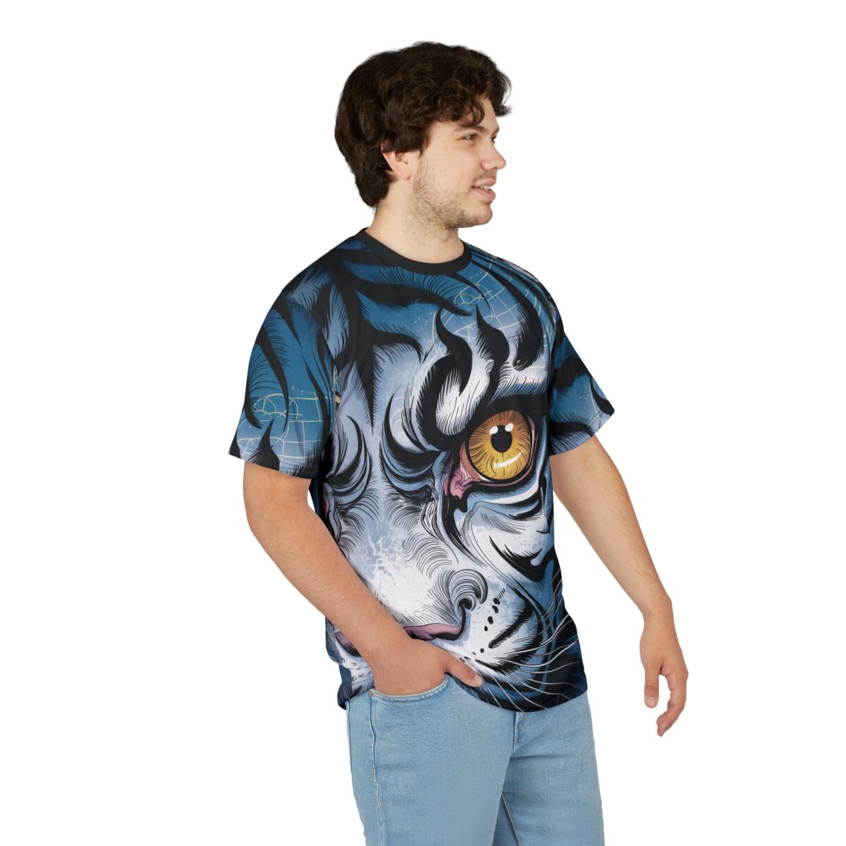 Blue tiger face all over print sublimation tee with intense yellow eye graphic. Features streetwear aesthetic and seamless wrap around design.