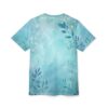 Watercolor leaf all over print sublimation tee featuring a seamless blue botanical wrap around graphic streetwear aesthetic.
