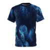 Deep blues and swirling light patterns cover this patterned tee shirt, resembling a vibrant, abstract ocean current.