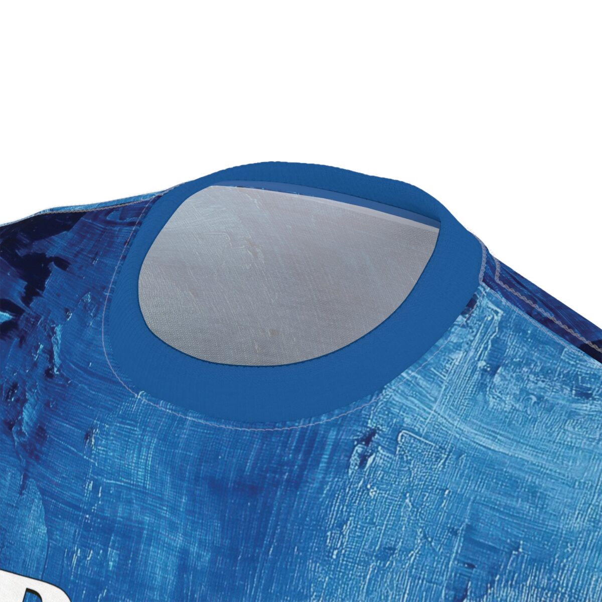 Blue abstract brushstroke pattern, crewneck collar, crewneck seam detail