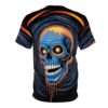 This all over print sublimation tee features a vibrant blue skull graphic with dripping orange accents and a swirling dark blue and red background.
