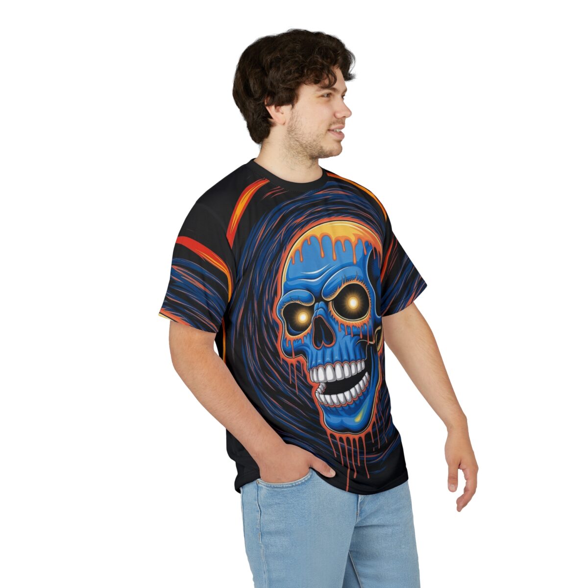 Blue dripping skull graphic all over print t-shirt features a vibrant sublimation design with fiery orange and dark blue abstract elements.