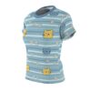 Blue and white horizontal striped sublimation tee, all over print cartoon cats, white daisies.