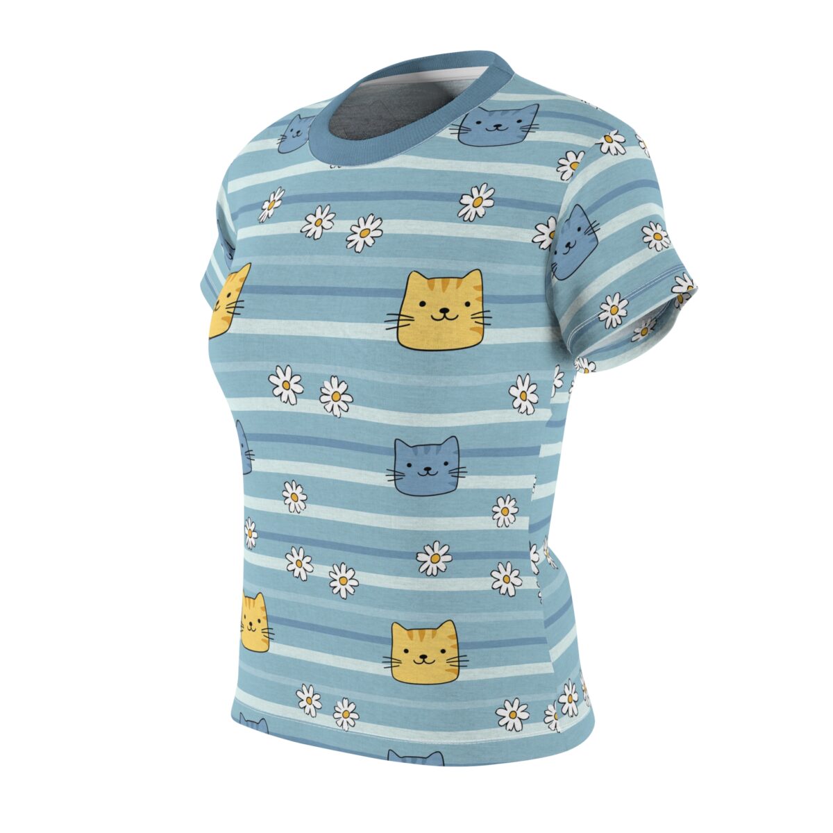 Blue and white horizontal striped sublimation tee, all over print cartoon cats, white daisies.