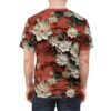 Creamy white paper flowers, red berries, and green leaves cover this all over print apparel, set against a terracotta background.