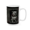 Gothic bulldog portrait with red roses and thorns graphic on a white ceramic coffee mug.
