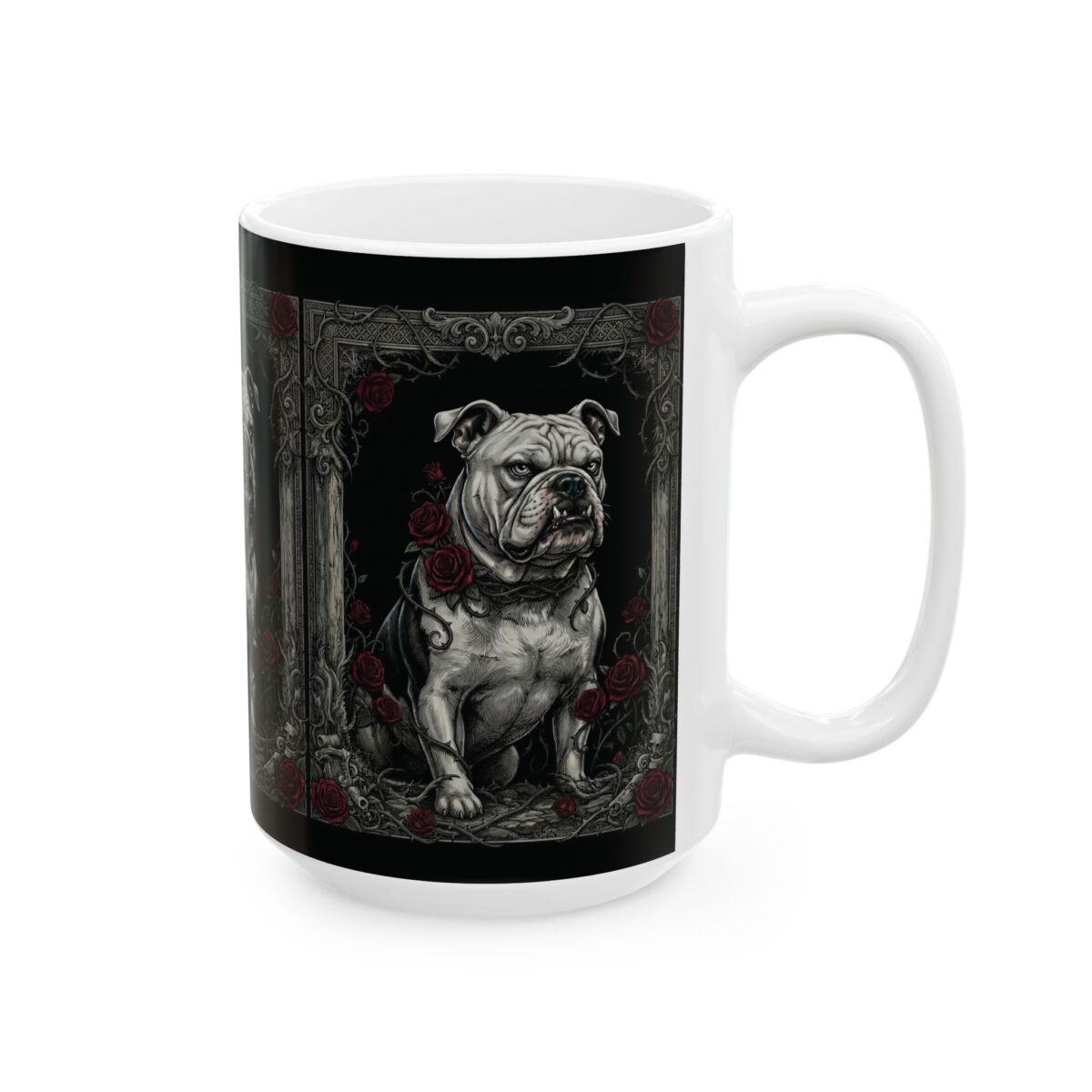 Gothic bulldog portrait with red roses and thorns graphic on a white ceramic coffee mug.