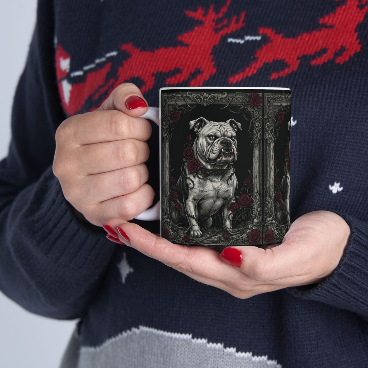 Gothic ceramic mug featuring a detailed bulldog portrait surrounded by thorny roses and skulls in a vintage frame.