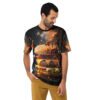All over print sublimation tee, features a fiery double cheeseburger graphic with dripping cheese and flames.