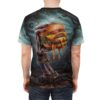 Dark greens, browns, and grays cover this full print shirt, showing a skeleton hand holding a dripping burger in a spooky forest.