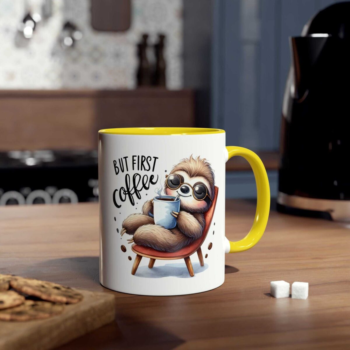 White ceramic coffee mug with a yellow handle, featuring a cartoon sloth in sunglasses sipping coffee.