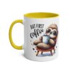 White ceramic mug with yellow handle and interior, featuring a sloth in sunglasses holding a coffee cup.