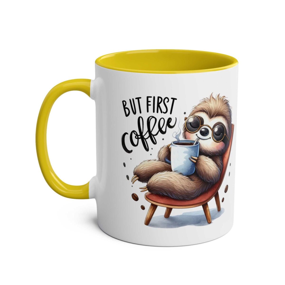 White ceramic mug with yellow handle and interior, featuring a sloth in sunglasses holding a coffee cup.