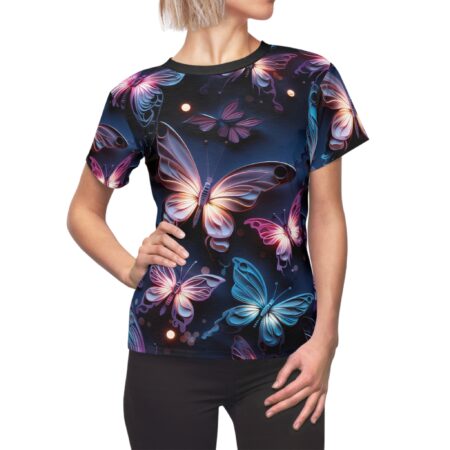 Sublimation tee with vibrant neon butterflies, featuring a seamless wrap around graphic with y2k streetwear aesthetic.