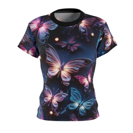 All over print sublimation tee featuring a seamless wrap around graphic of glowing neon butterflies and bokeh lights.