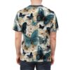 Teal and dark blue butterflies and cream and tan flowers cover this all over print t-shirt, creating a vibrant nature-inspired design.
