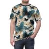 Teal and navy blue butterflies and cream-colored flowers cover this graphic streetwear tee, with a detailed, layered nature-inspired design.