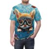 Vibrant blues and bubbly textures cover this sublimation graphic tee, depicting a cute dog in scuba gear exploring an underwater coral reef with fish.