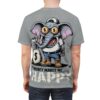 Back view of a grey t-shirt with a cartoon of an elephant wearing glasses with dollar signs, a baseball cap, jeans, and work boots, holding a bag of money. Text on the shirt reads