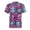 Teal and pink cartoon zombies with stitches and big eyes cover this all over print t-shirt, with a purple background.