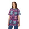 Pink and blue cartoon zombies with wide eyes and stitched mouths cover this 3D graphic t-shirt, with a purple background.