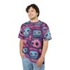 Purple and teal cartoon zombies with pink hair and stitched details cover this full print shirt, creating a playful, spooky pattern.