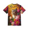 Vibrant pink, orange, and yellow flowers, along with a detailed cat, fill this all over print t-shirt.