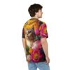 Vibrant floral patterns and a tabby cat adorn this 3D graphic t-shirt.