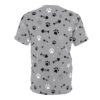Black and white paw prints and fish skeletons cover this grey full print tee, scattered with small white dots.