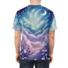 All over print sublimation tee, dreamy celestial night sky with crescent moon, stars, and purple floral vine wrap around design.