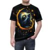 Black background with glowing orange and blue stars, and a dreamy sloth curled on a crescent moon.