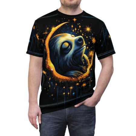 Black background with glowing orange and blue stars, and a dreamy sloth curled on a crescent moon.