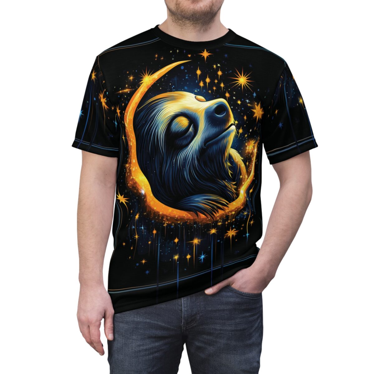Black background with glowing orange and blue stars, and a dreamy sloth curled on a crescent moon.