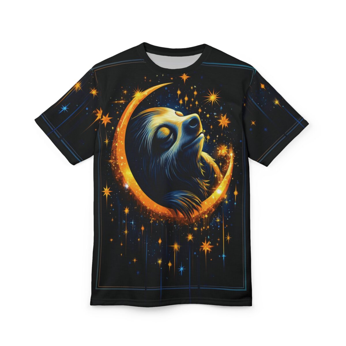 Orange crescent moon and a sloth with blue and yellow fur surrounded by glowing stars and streaks of light on a black background.