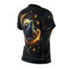 Gold and blue cosmic textures cover this sublimation graphic tee, showing a sleeping sloth on a crescent moon.