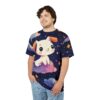 Colorful cosmic clouds and twinkling stars cover this graphic streetwear tee, depicting a cute cartoon dog floating on a cloud.