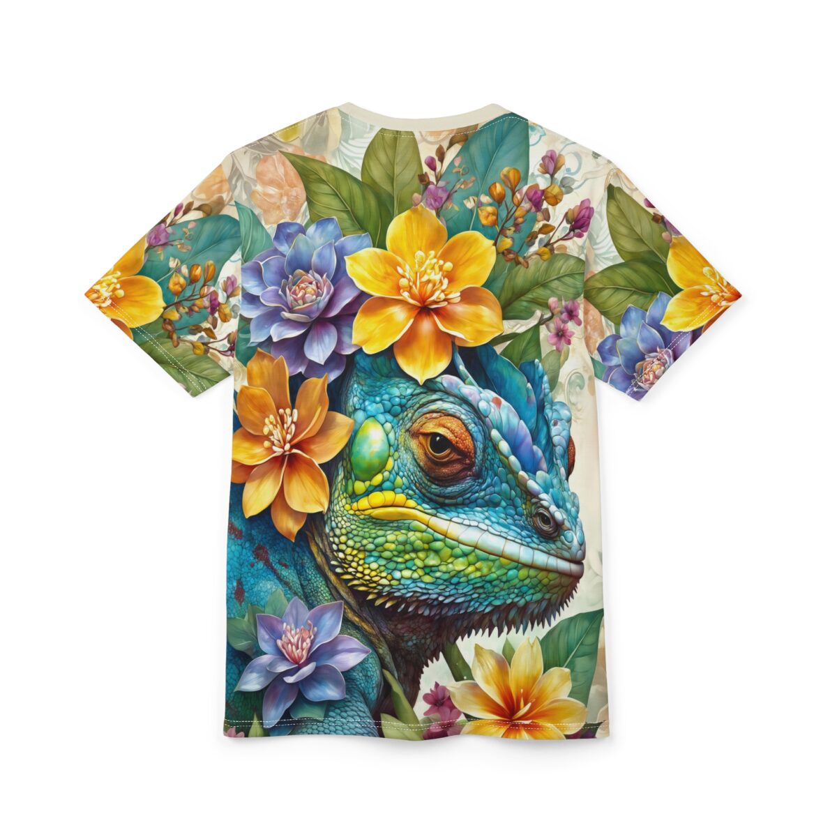 Chameleon head, vibrant floral design, seamless print, wrap around graphic, sublimation tee, tropical pattern, colorful reptile, botanical art