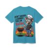 Teal fabric covers this tee, featuring a cartoon mouse in a chef's hat by a grill, holding a fork, with flames and text.