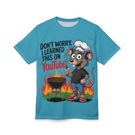 Bright blue covers this 3D graphic t-shirt, featuring a cartoon mouse chef with a fork, a grill, and flames.