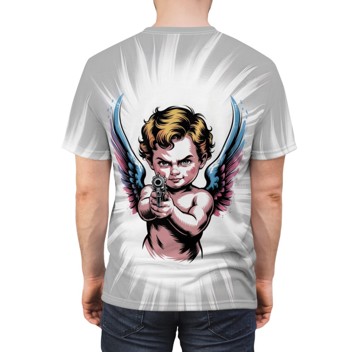 White and grey radial lines cover this all over print apparel, depicting a cherubic angel with pink skin, blonde hair, and wings in blue and pink, aiming a gun forward.