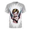 Cherub with gun graphic t-shirt, featuring bold pink and blue wings and a menacing stare.