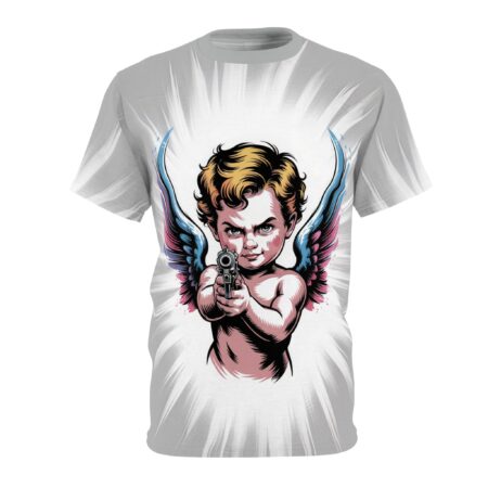Cherub with gun graphic t-shirt, featuring bold pink and blue wings and a menacing stare.