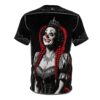 Smiling clown face, white makeup, red nose, red lips, bright red braids, silver crown, ornate necklace, black background, subtle stars, decorative white scrollwork, all over print sublimation tee.