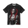 Black all over print sublimation tee, gothic clown queen graphic, red braided hair, crown, elaborate corset, scrollwork border, seamless print.