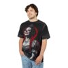 Black all over print sublimation tee, creepy clown queen graphic, red braided hair, crown, red nose, unsettling smile, ornate gothic borders.