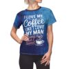 Textured blue brushstrokes cover this all over print apparel, featuring a bold white coffee-themed quote design.
