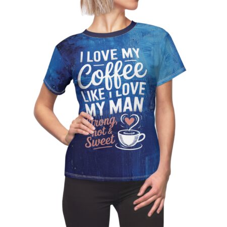 Textured blue brushstrokes cover this all over print apparel, featuring a bold white coffee-themed quote design.