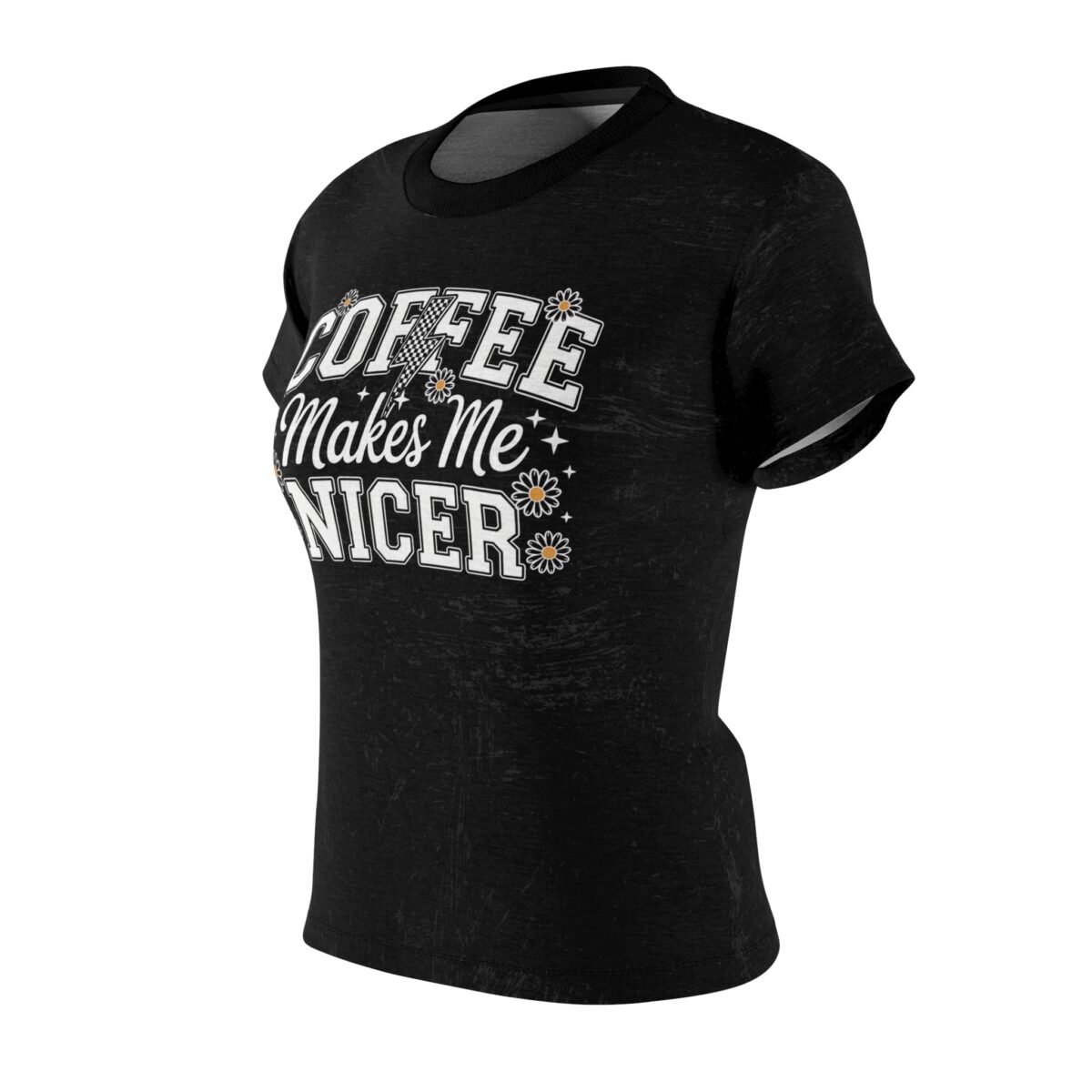Black graphic tee with 'Coffee Makes Me Nicer' text, featuring daisy flowers and a checkered lightning bolt.